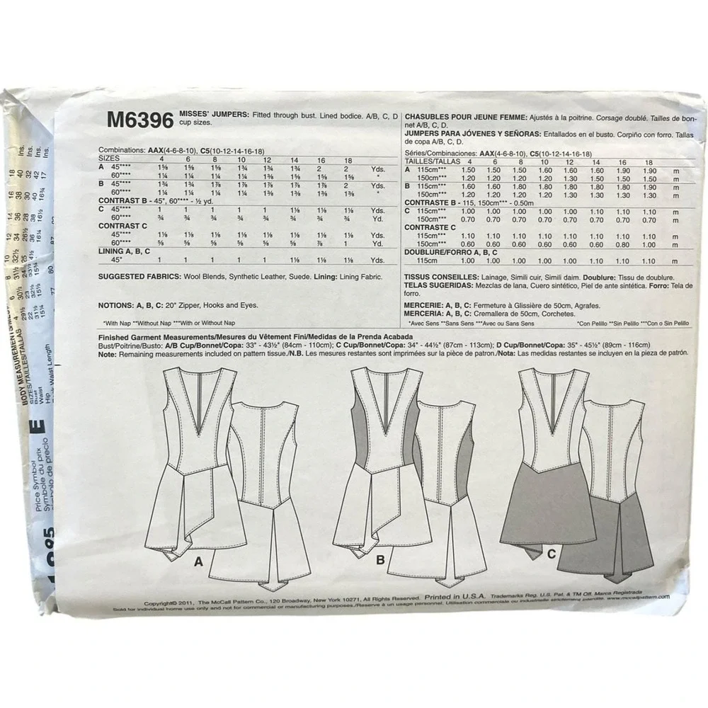 McCall's M6396 Misses Jumper Dress C5 (10-18) Asymmetrical Hem V-Neck‎